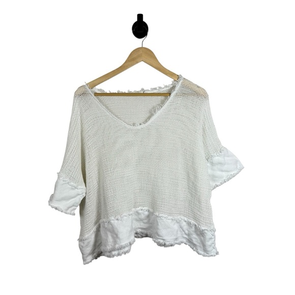 Milio Milano Women’s Cotton Mesh Grid Short Sleeve Crochet Top White L - Picture 5 of 10